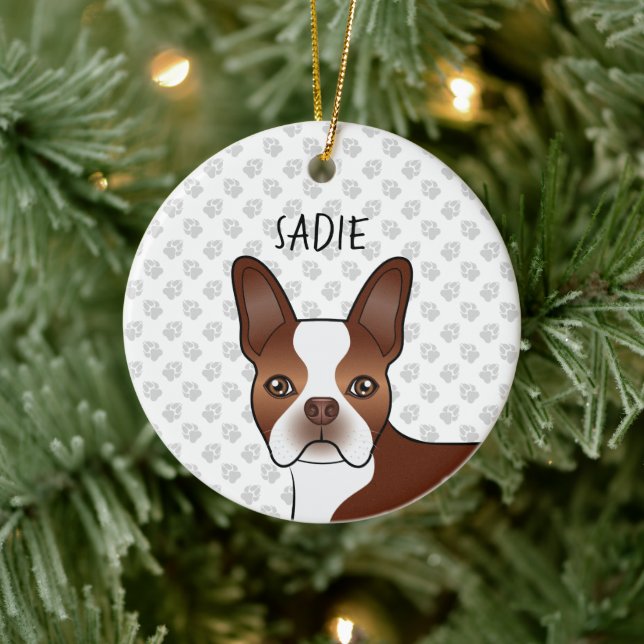 Red Boston Terrier Cartoon Dog Head & Custom Name Ceramic Ornament (Tree)