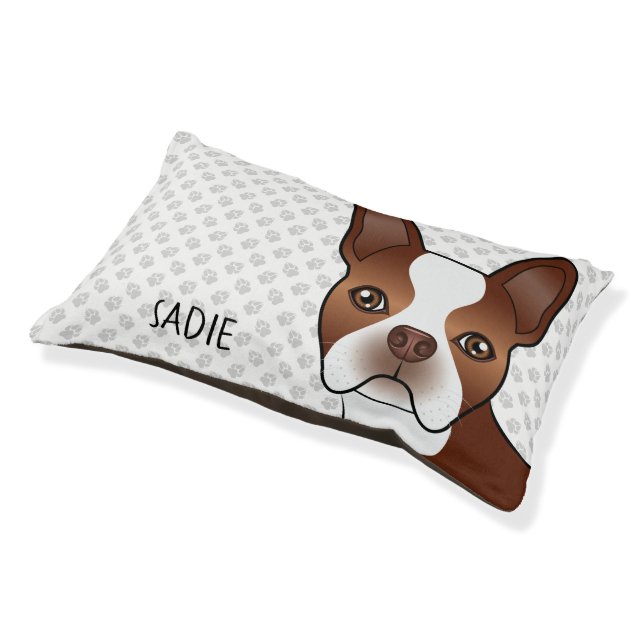 Red Boston Terrier Cartoon Dog Head & Name Pet Bed (Angled)