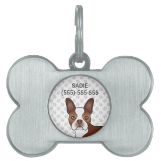 Red Boston Terrier Cartoon Dog Head &amp; Paws Pet ID Tag