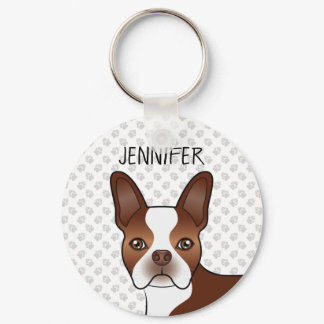 Red Boston Terrier Cartoon Dog Head &amp; Your Name Keychain