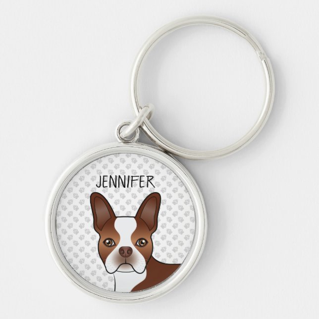 Red Boston Terrier Cartoon Dog Head & Your Name Keychain (Front)