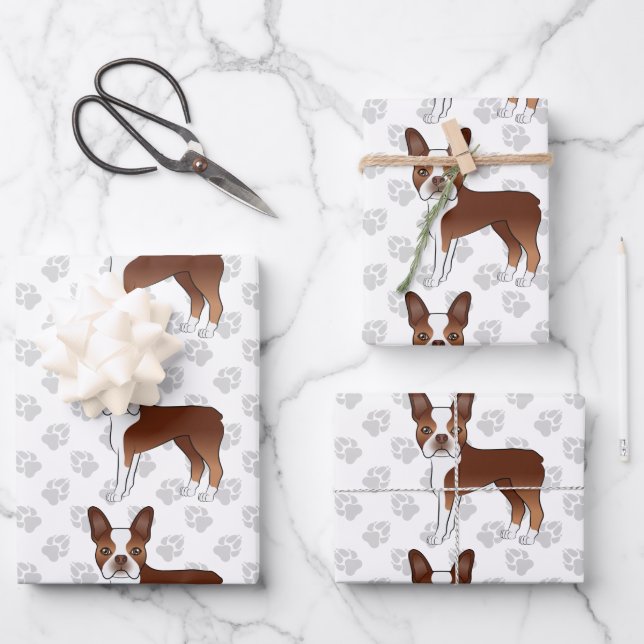 Red Boston Terrier Cartoon Dog Pattern & Gray Paws Wrapping Paper Sheets (Front)