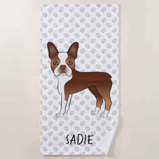 Red Boston Terrier Cartoon Dog &amp; Personalized Name Beach Towel