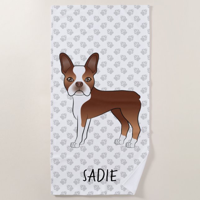 Red Boston Terrier Cartoon Dog & Personalized Name Beach Towel (Front)