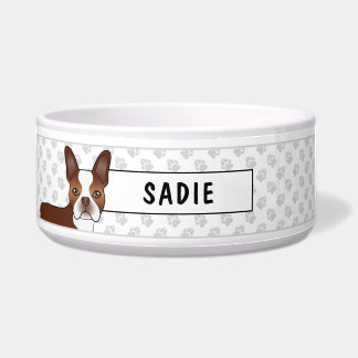 Red Boston Terrier Cartoon Dog &amp; Pet's Own Name Bowl
