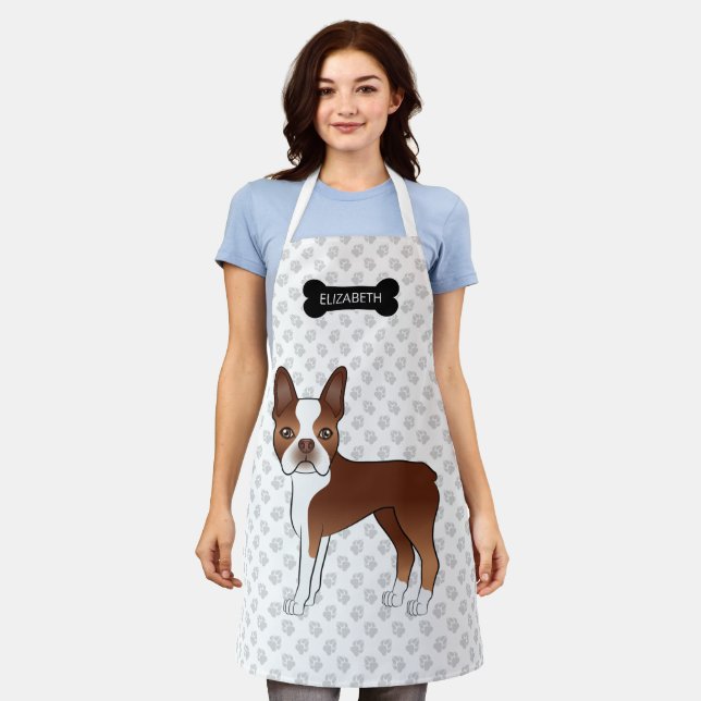Red Boston Terrier Cartoon Dog With Bone & Name Apron (Worn)