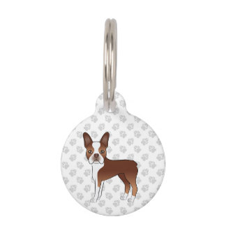 Red Boston Terrier Cartoon Dog With Pet's Info Pet ID Tag