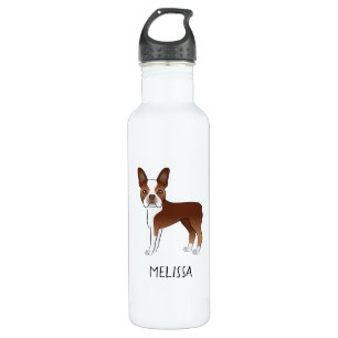 Red Boston Terrier Cartoon Dog & Your Custom Name Stainless Steel Water Bottle