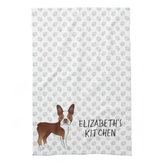 Red Boston Terrier Cartoon Dog &amp; Your Custom Text Kitchen Towel