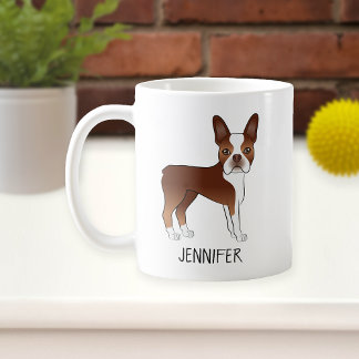 Red Boston Terrier Cute Cartoon Dog &amp; Custom Name Coffee Mug