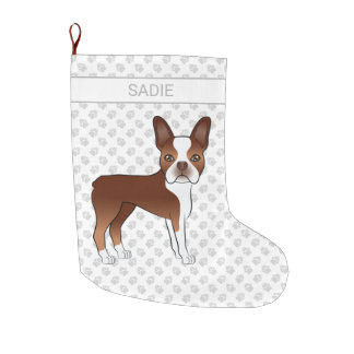 Red Boston Terrier Cute Cartoon Dog &amp; Custom Name Large Christmas Stocking