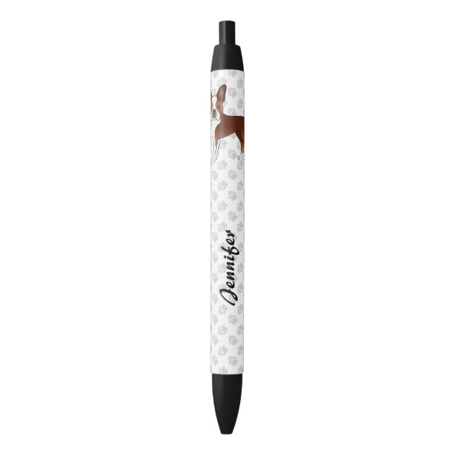 Red Boston Terrier Cute Cartoon Dog & Custom Name Pen (Front Vertical)