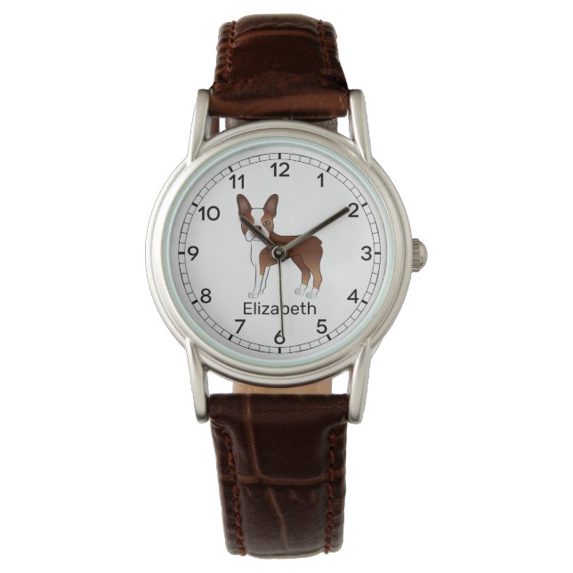Red Boston Terrier Cute Cartoon Dog & Custom Name Watch (Front)