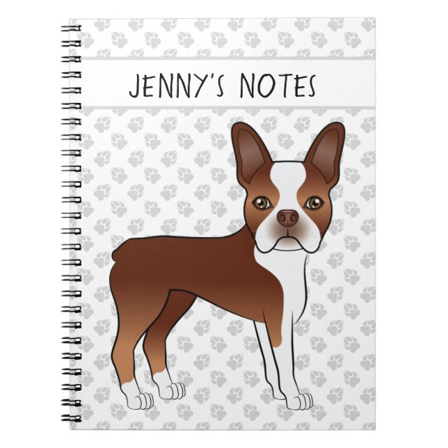 Red Boston Terrier Cute Cartoon Dog & Custom Text Notebook (Front)