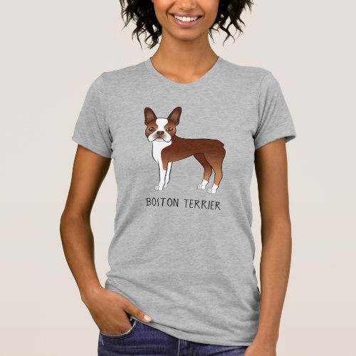 Red Boston Terrier Cute Cartoon Dog  Custom Text T_Shirt