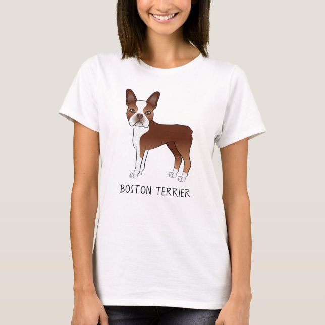 Red Boston Terrier Cute Cartoon Dog & Custom Text T-Shirt (Front)