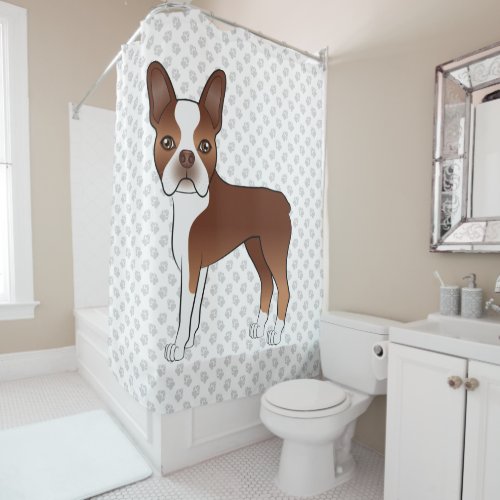 Red Boston Terrier Cute Cartoon Dog Design  Paws Shower Curtain