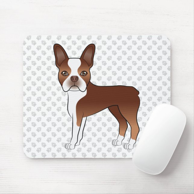 Red Boston Terrier Cute Cartoon Dog Drawing & Paws Mouse Pad (With Mouse)