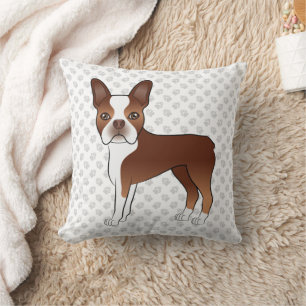 Red Boston Terrier Cute Cartoon Dog Drawing & Paws Throw Pillow