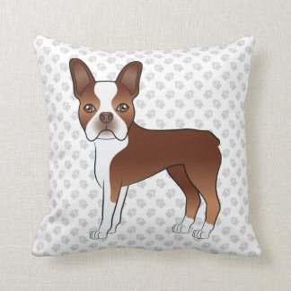 Red Boston Terrier Cute Cartoon Dog Drawing &amp; Paws Throw Pillow