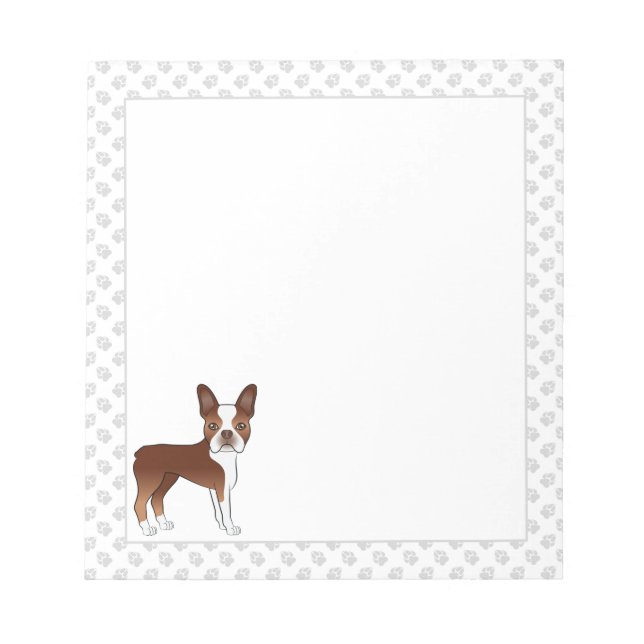 Red Boston Terrier Cute Cartoon Dog & Gray Paws Notepad (Front)