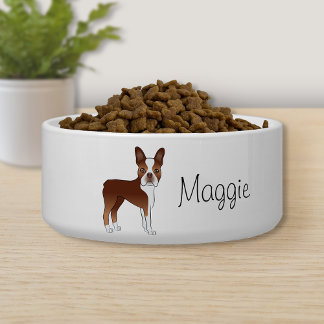 Red Boston Terrier Cute Cartoon Dog With A Name Bowl