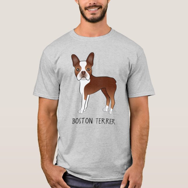 Red Boston Terrier Cute Cartoon Dog & Your Text T-Shirt (Front)