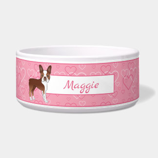 Red Boston Terrier Dog On Pink Hearts And Name Bowl