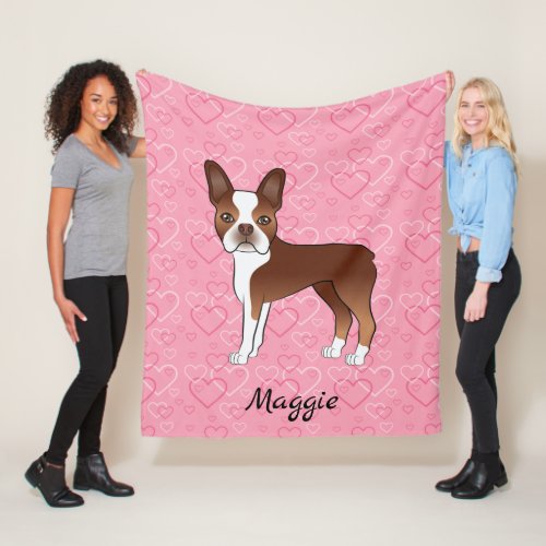 Red Boston Terrier Dog On Pink Hearts And Name Fleece Blanket