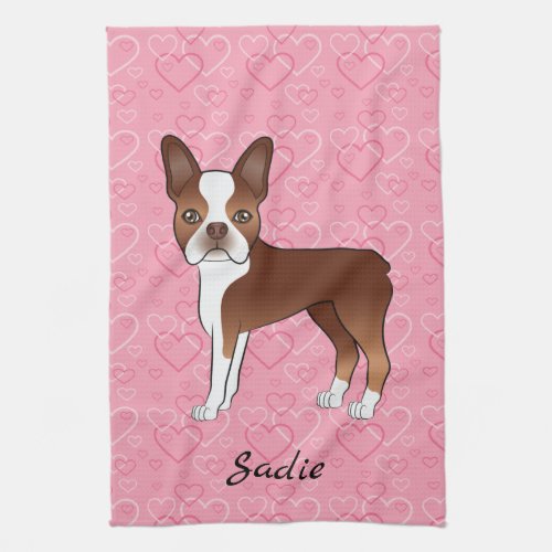 Red Boston Terrier Dog On Pink Hearts And Name Kitchen Towel