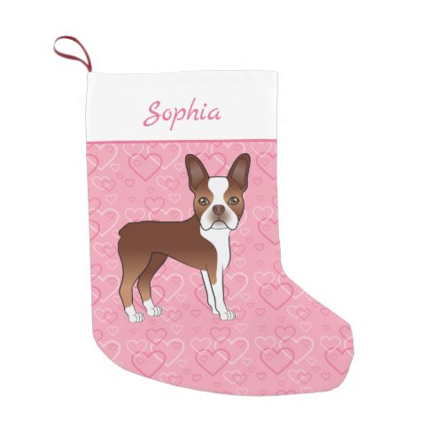 Red Boston Terrier Dog On Pink Hearts And Name Small Christmas Stocking