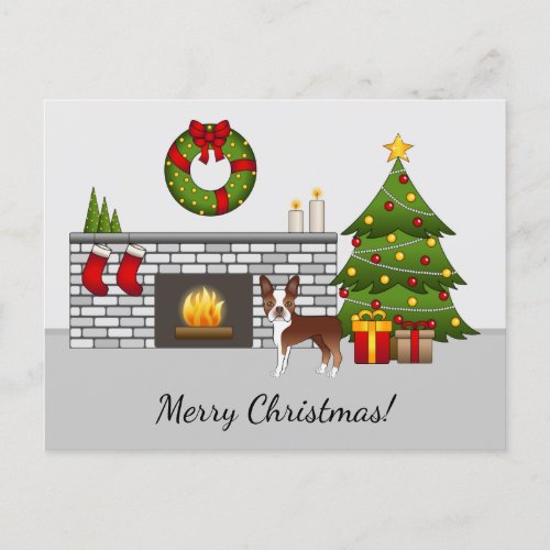 Red Boston Terrier In A Festive Christmas Room Postcard