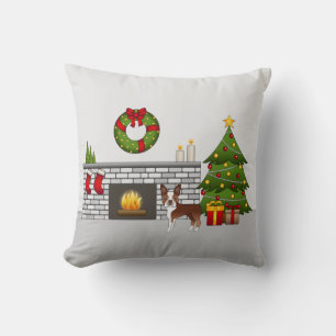 Red Boston Terrier In A Festive Christmas Room Throw Pillow