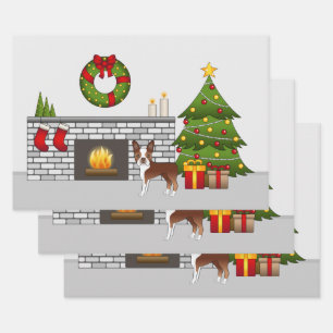 Red Boston Terrier In A Festive Christmas Room Wrapping Paper Sheets