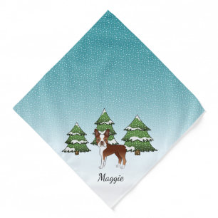 Red Boston Terrier In A Winter Forest & Name Bandana