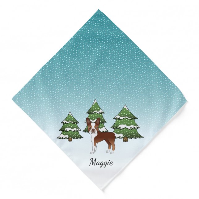 Red Boston Terrier In A Winter Forest & Name Bandana (Front)