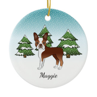 Red Boston Terrier In A Winter Forest &amp; Name Ceramic Ornament