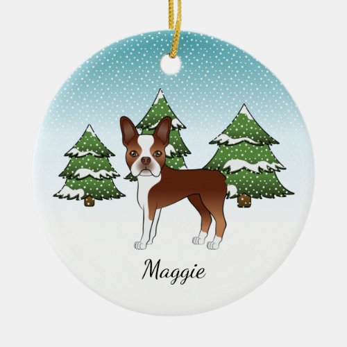 Red Boston Terrier In A Winter Forest  Name Ceramic Ornament