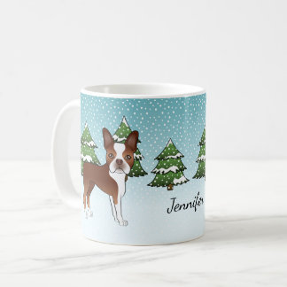 Red Boston Terrier In A Winter Forest &amp; Name Coffee Mug