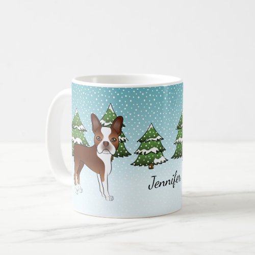 Red Boston Terrier In A Winter Forest  Name Coffee Mug