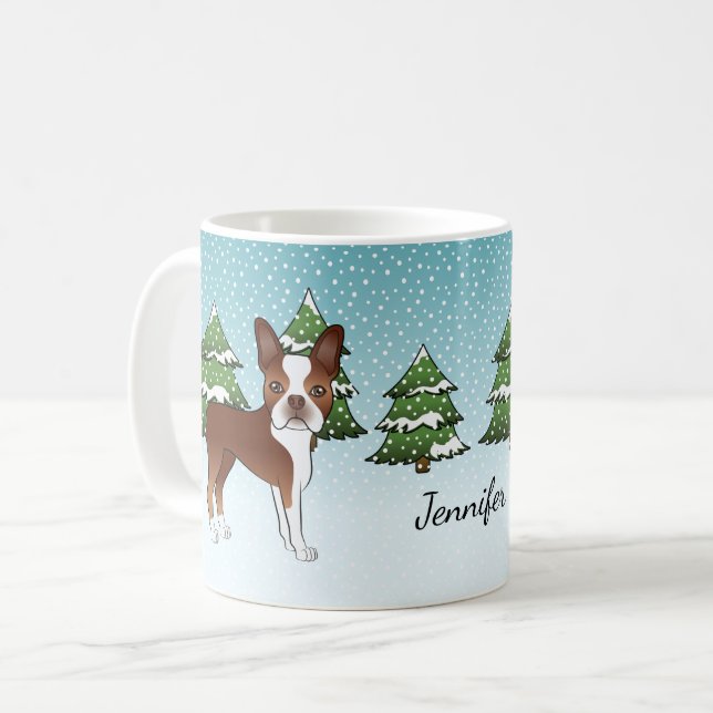 Red Boston Terrier In A Winter Forest & Name Coffee Mug (Front Left)