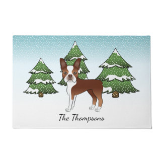 Red Boston Terrier In A Winter Forest &amp; Name Doormat