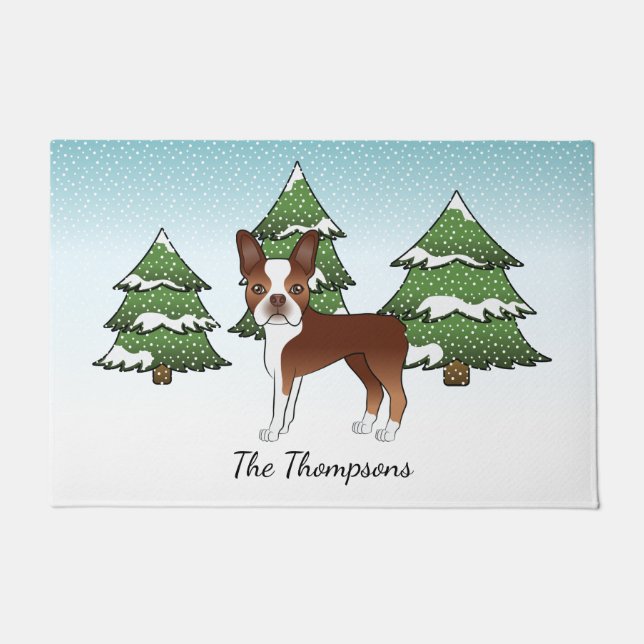Red Boston Terrier In A Winter Forest & Name Doormat (Front)