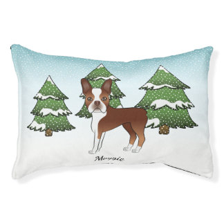 Red Boston Terrier In A Winter Forest &amp; Name Pet Bed