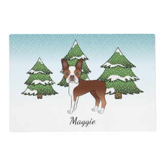 Red Boston Terrier In A Winter Forest &amp; Name Placemat