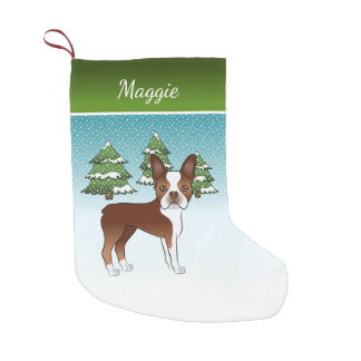 Red Boston Terrier In A Winter Forest &amp; Name Small Christmas Stocking