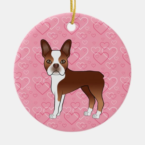 Red Boston Terrier On Pink Hearts Pet Memorial Ceramic Ornament