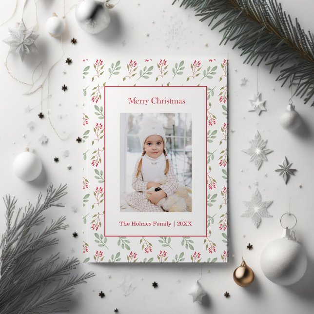 Red Botanical Christmas Photo Card (Custom photeo Christmas card sorrounded with silver and white Christmas tree ornaments.)