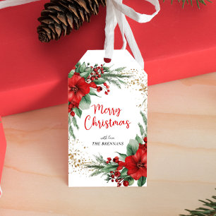 Red Botanical Merry Christmas Holiday Gift Tags