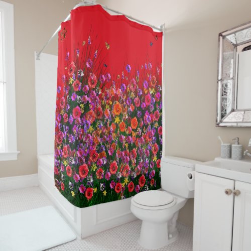 Red Bouquet Butterflies Shower Curtain